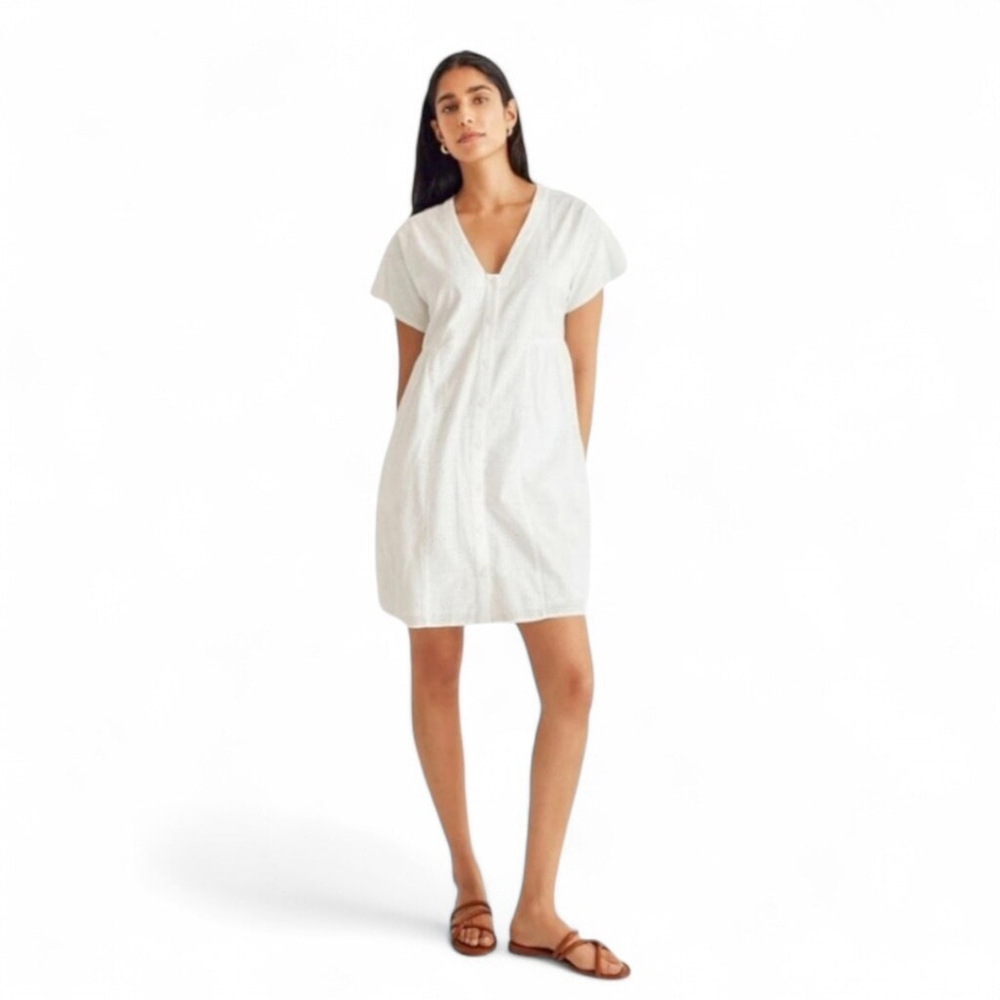 Madewell White V-Neck Short Sleeve Mini Dress